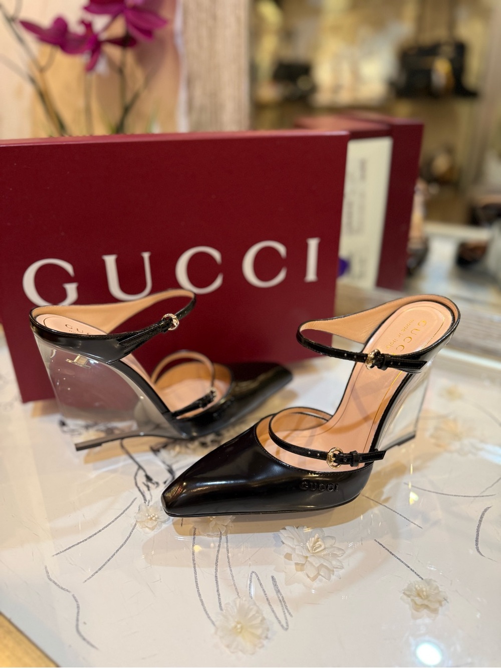 Gucci Black Patent Leather Pointed-Toe Clear Wedge Mules
